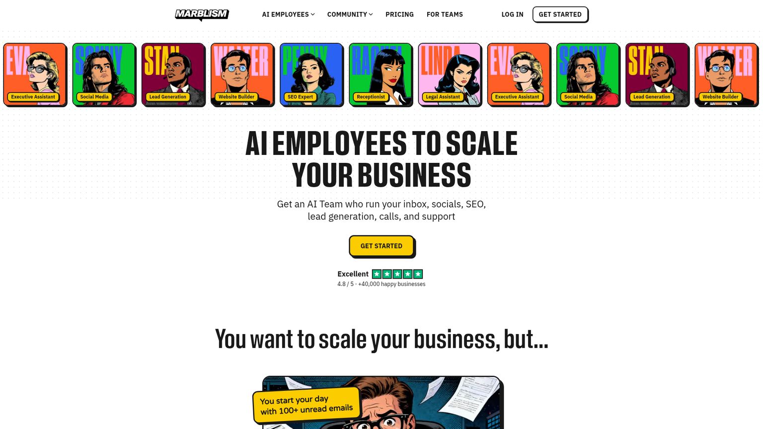 Marblism homepage presenting its AI employee subscription