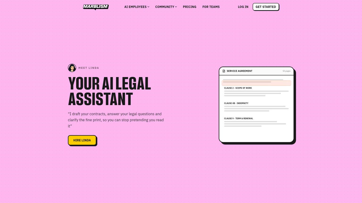 Marblism Linda feature page describing legal drafting and explanations