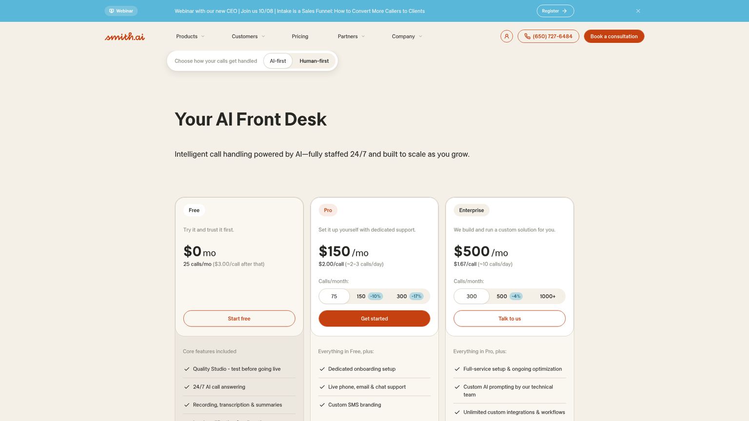 Smith.ai AI Receptionist pricing and call allowances