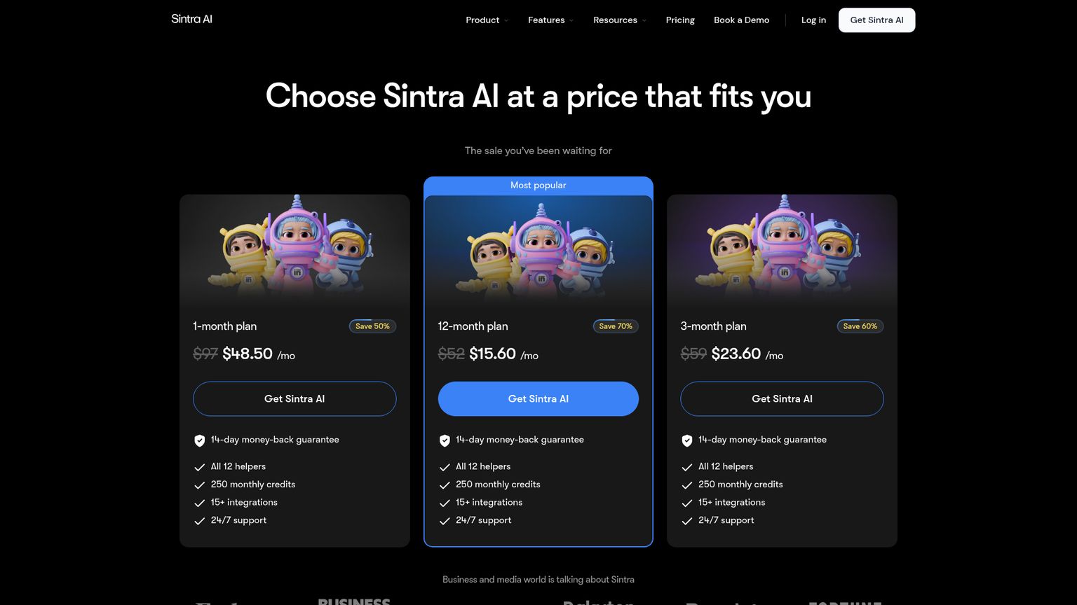 Sintra pricing page displaying its helper bundle and current sale