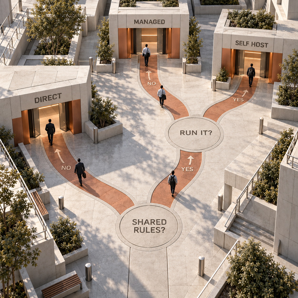 Architectural decision route asking whether shared rules are needed and whether an operator can run the gateway, leading to direct, self-hosted, or managed access