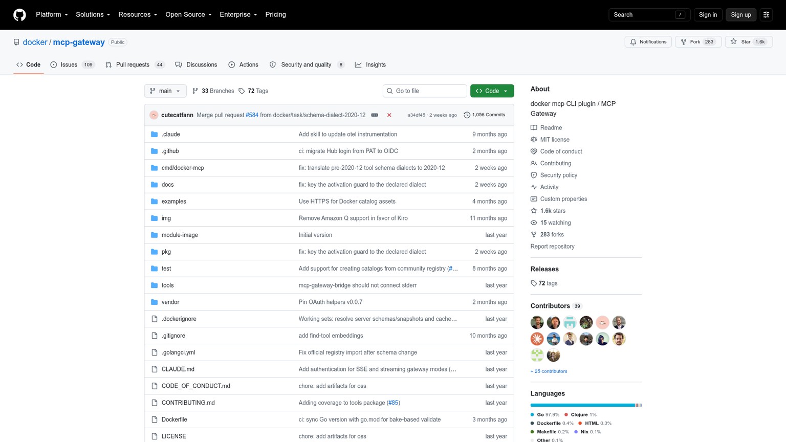 Docker MCP Gateway repository with features, profiles, installation, and license