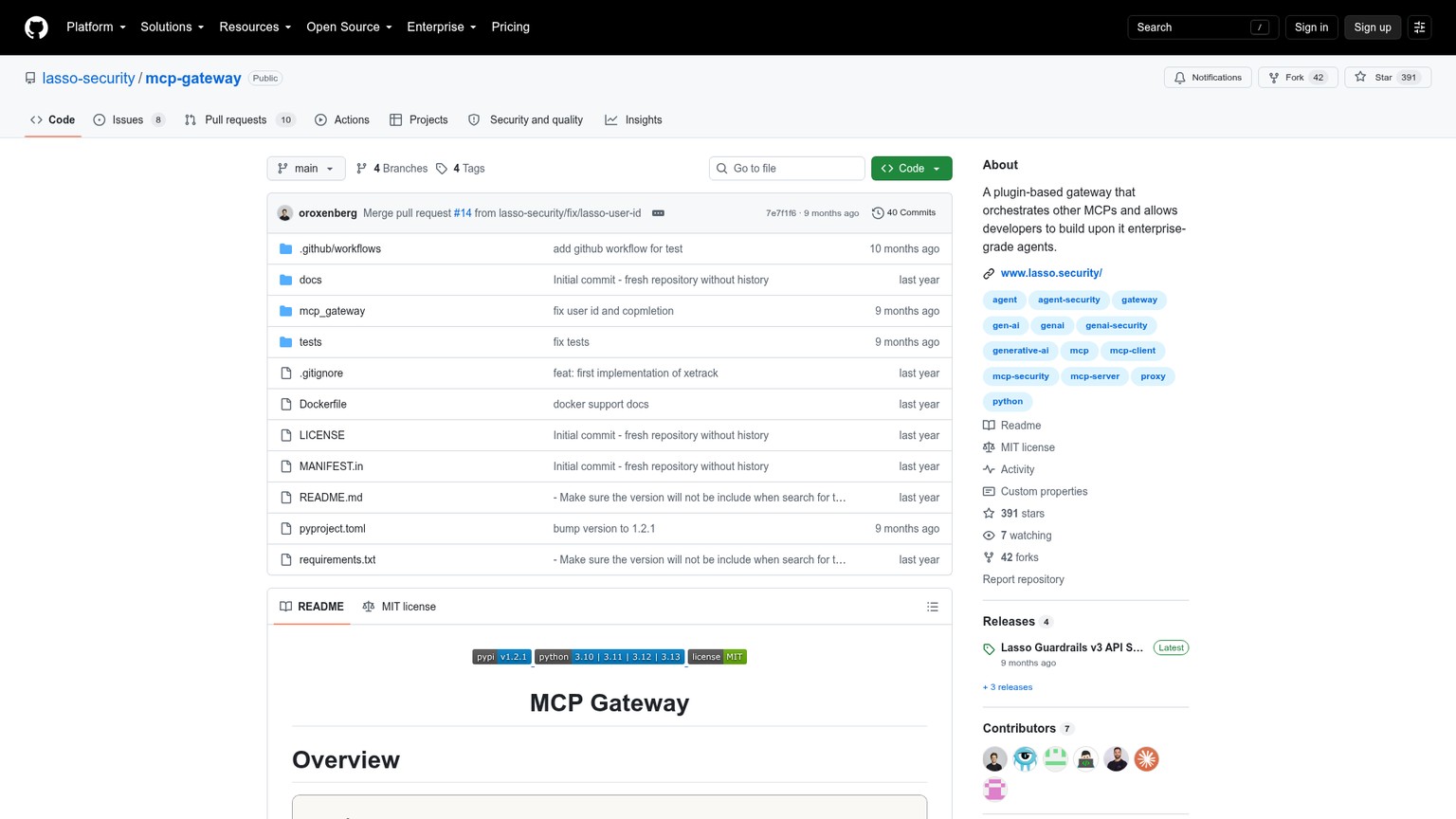 Lasso MCP Gateway repository showing configuration, guardrail plugins, tracing, and MIT license