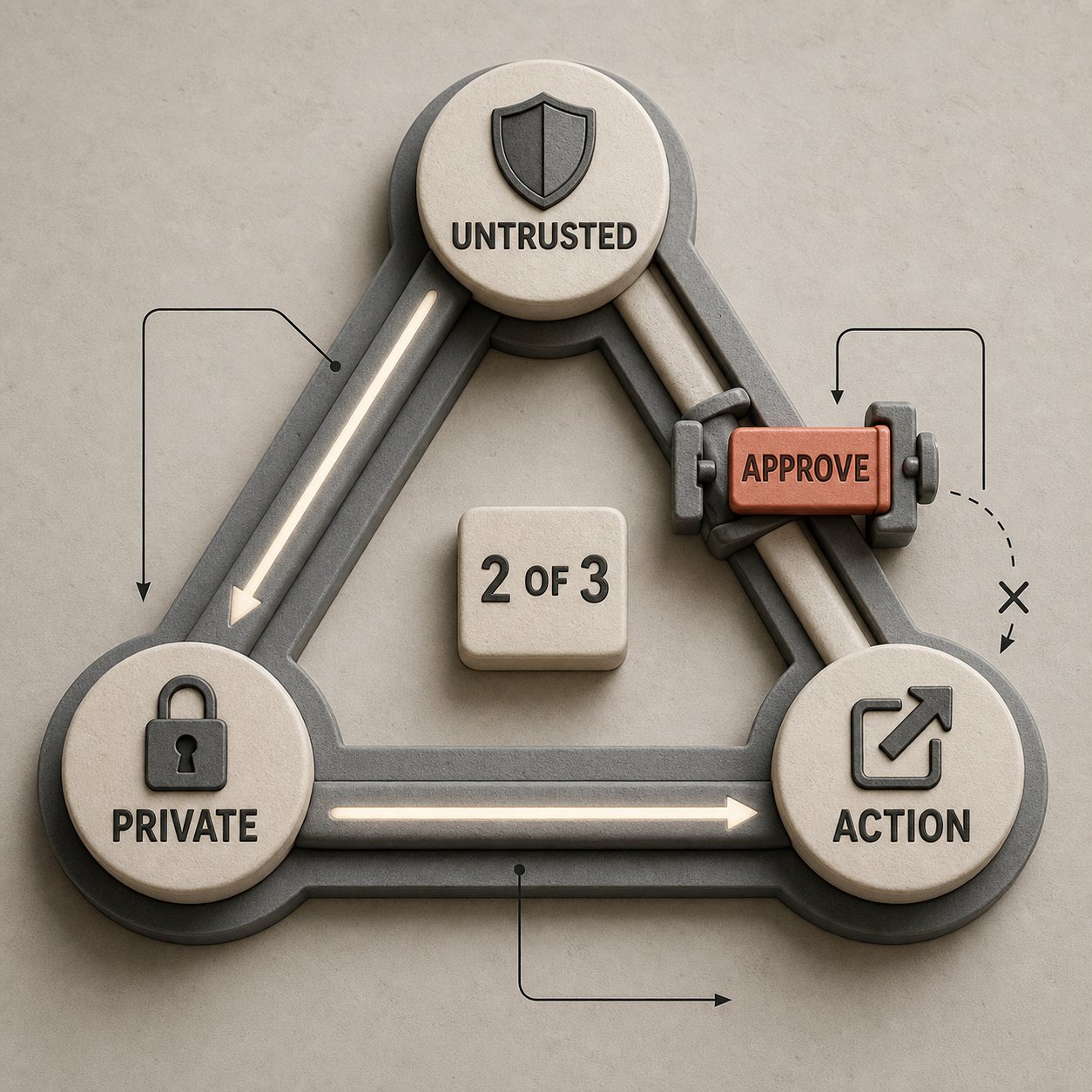 Architecture de sécurité d’un agent en trois volets : entrée non fiable, données privées et action externe, avec une étape de validation