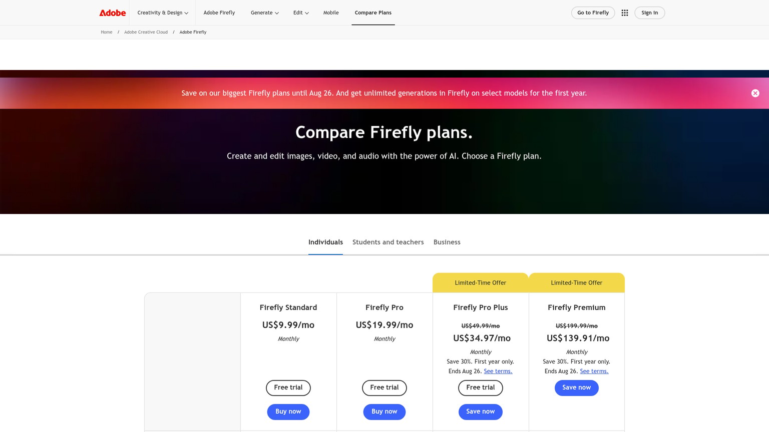 Pagina dei piani Adobe Firefly con gli attuali livelli di AI creativa