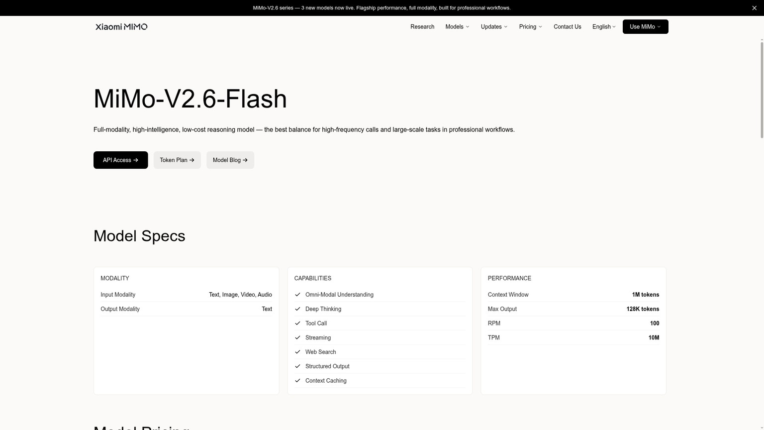 Xiaomi MiMo-V2.6-Flash official model page with specifications and pricing