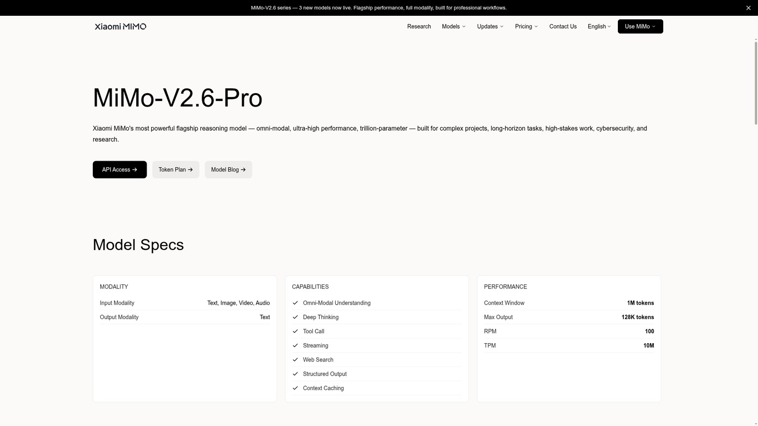 Xiaomi MiMo-V2.6-Pro official model page with specifications and pricing