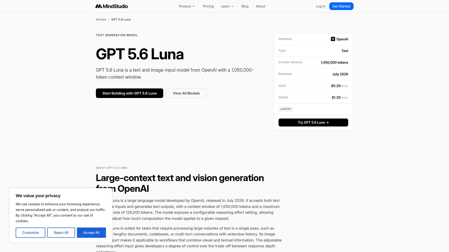 Página do modelo GPT 5.6 Luna no MindStudio com preços por token de entrada e saída