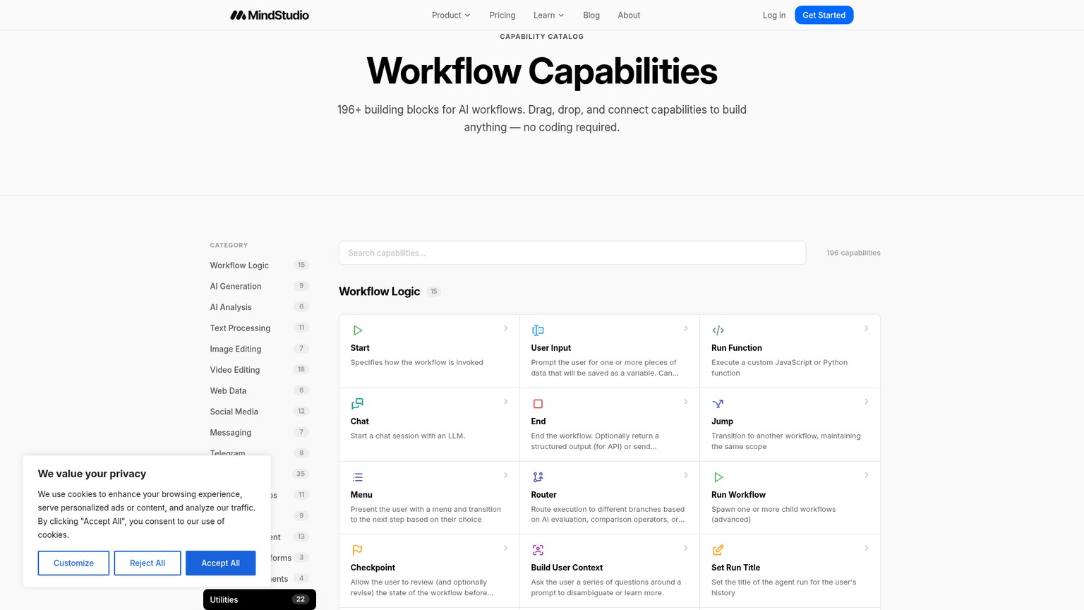 Catálogo de recursos para fluxos de trabalho do MindStudio