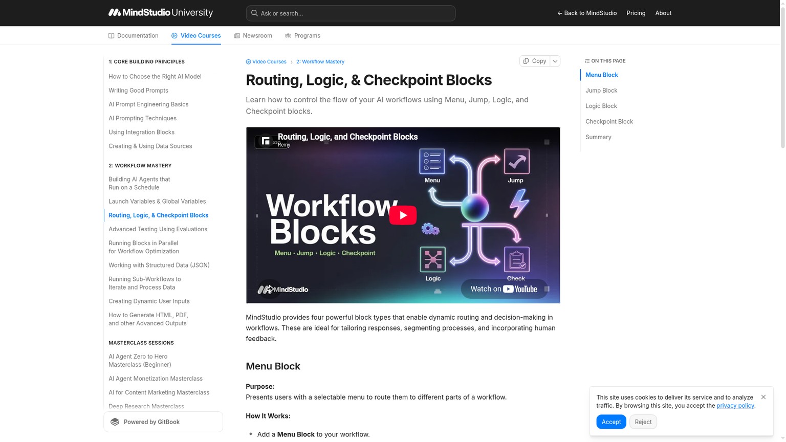 Documentação dos blocos de checkpoint e roteamento do MindStudio
