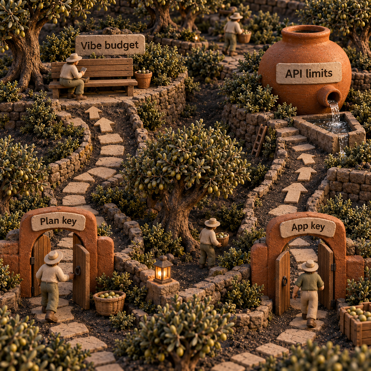 Separate orchard paths connect a plan key to the Vibe budget and an app key to API limits