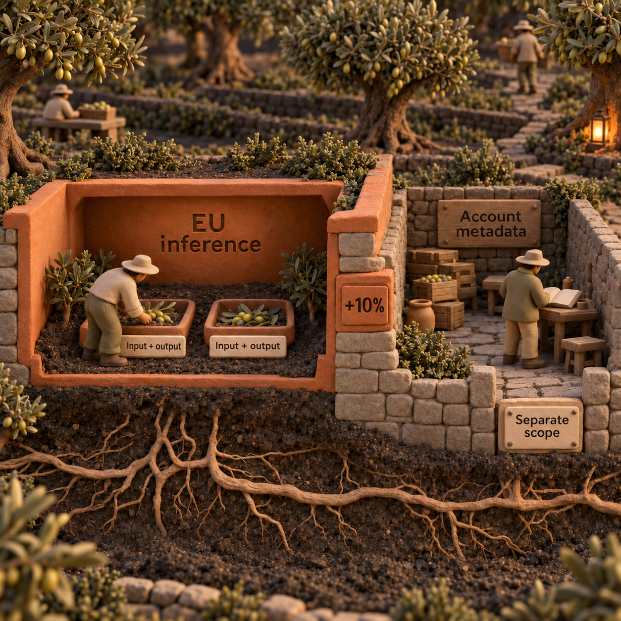 A clay orchard cross-section separates EU input and output processing from the account metadata scope and marks the ten percent regional surcharge