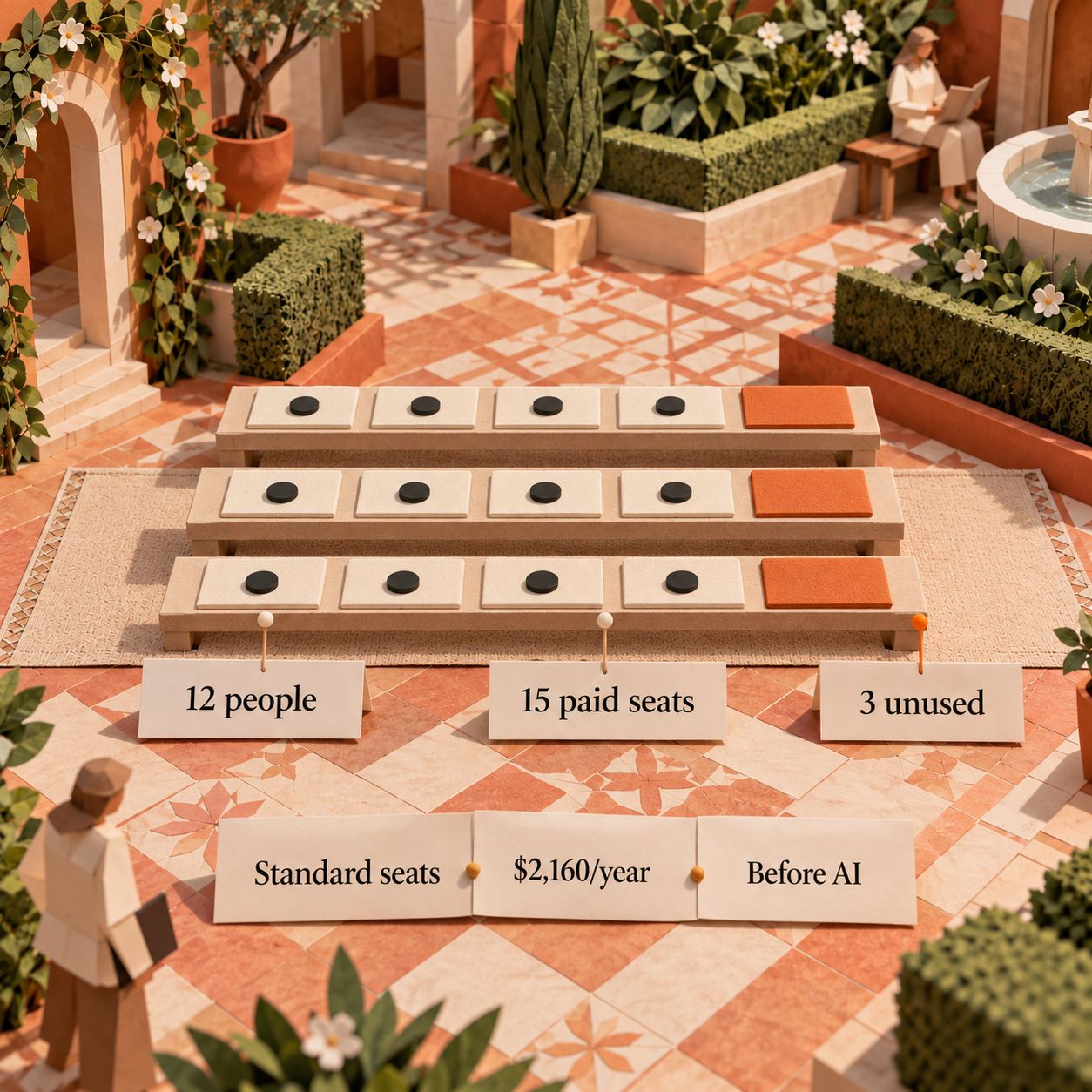 Paper seating plan showing twelve occupied places and three unused places within fifteen paid seats