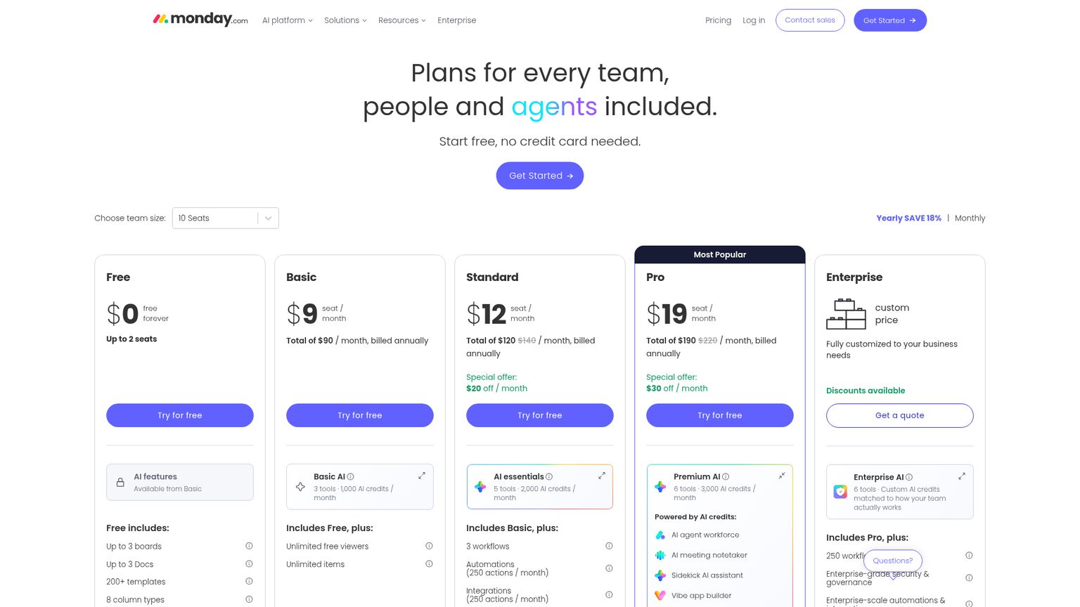 monday.com pricing page with Work Management plan cards and annual billing selected