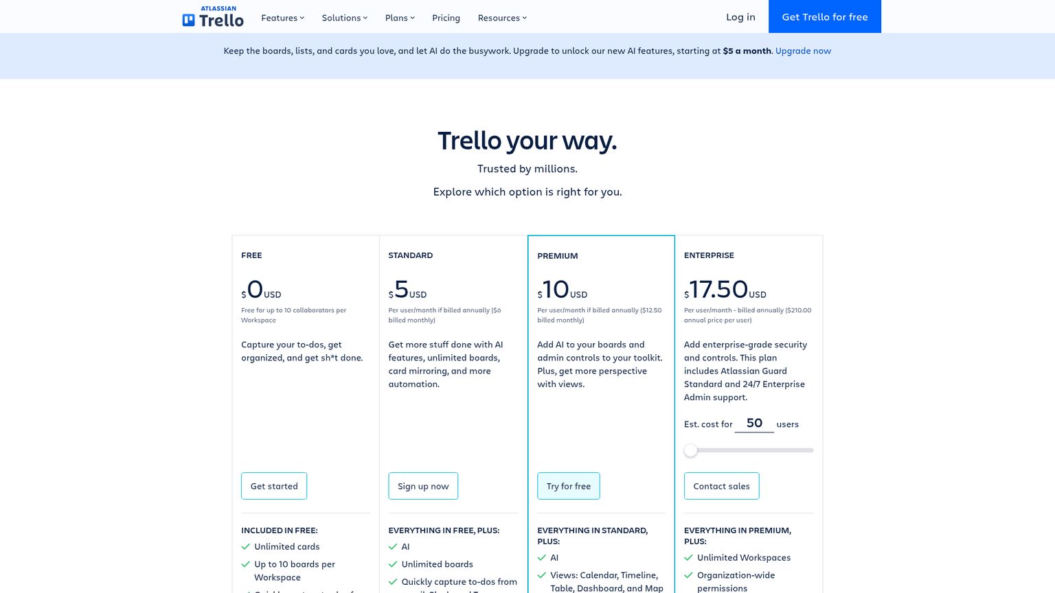 Trello pricing page showing its Free plan and paid plan feature differences