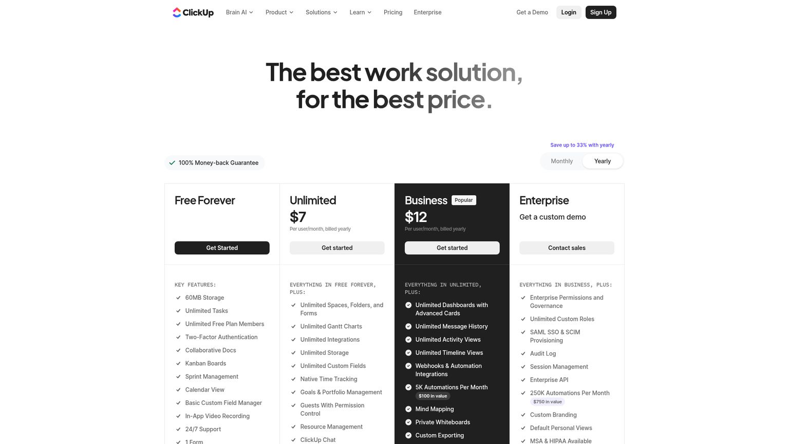 ClickUp pricing page with Free plan capabilities and paid options