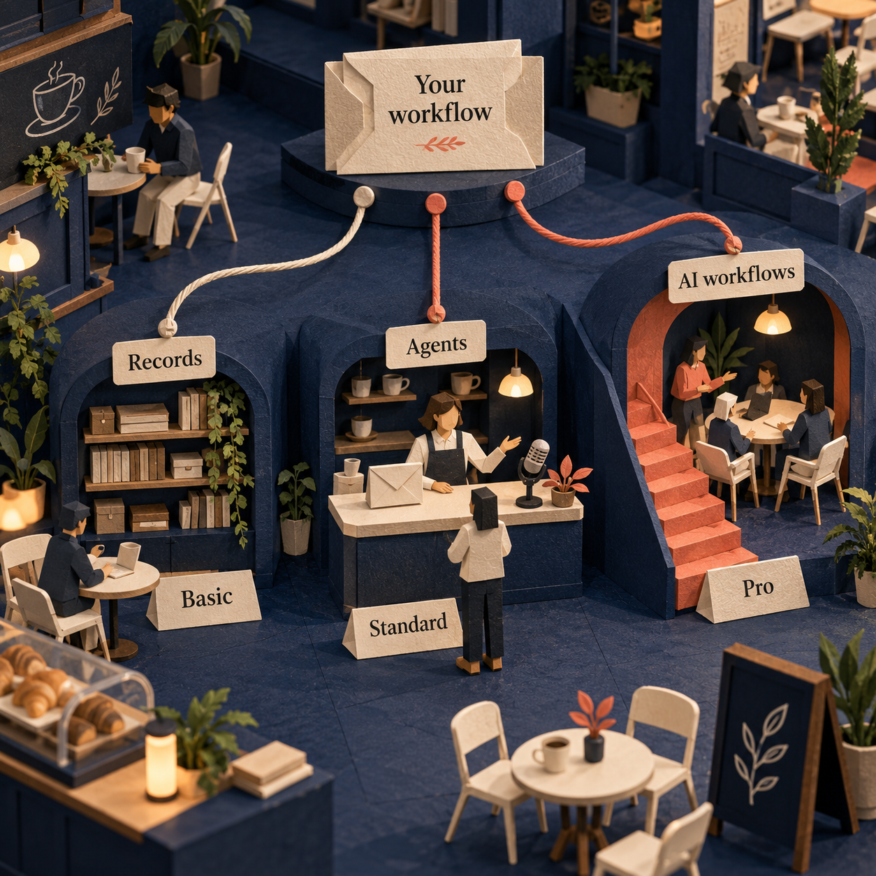 A branching paper café path chooses Basic for records, Standard for agents and Pro for AI workflows