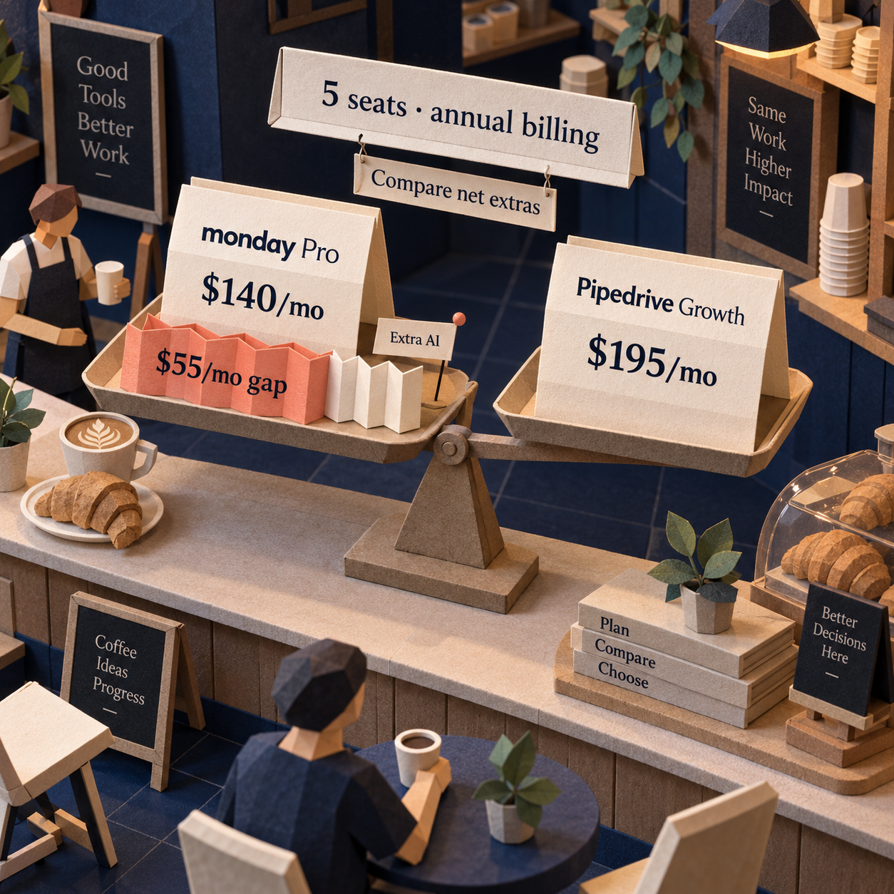 A paper balance compares five annual-billed monday Pro seats at $140 monthly equivalent with Pipedrive Growth at $195 and marks the $55 gap