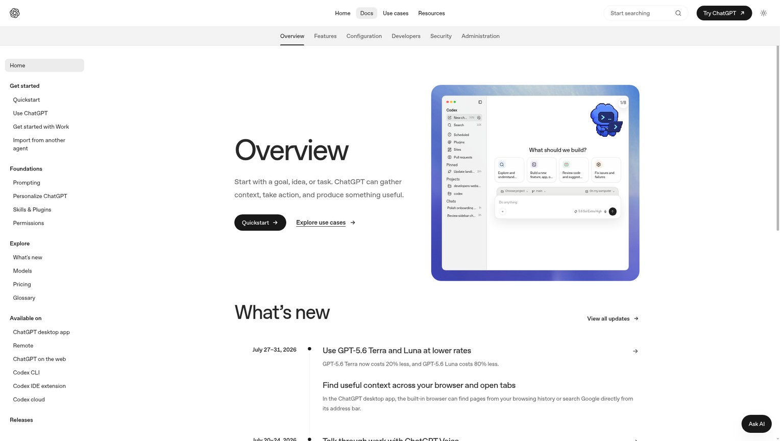 OpenAI Codex documentation showing its coding-agent surfaces