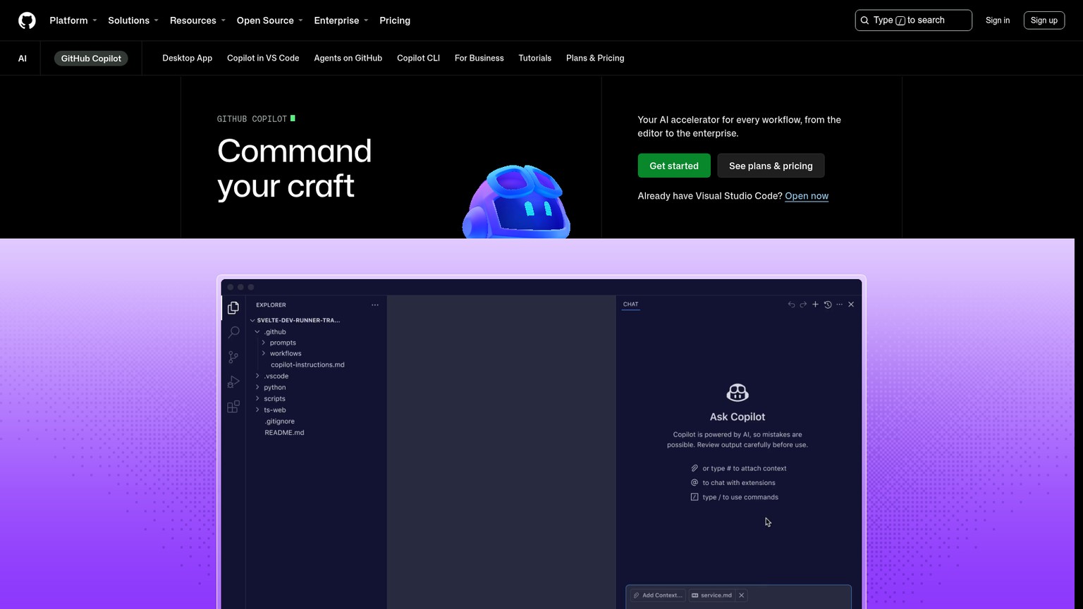 GitHub Copilot product page showing coding-agent features