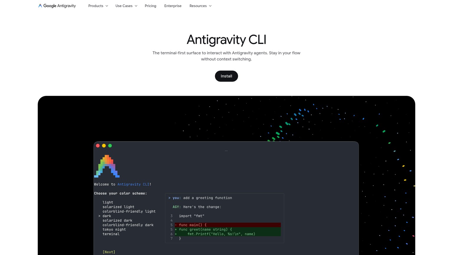 Google Antigravity CLI page showing terminal agents and subagents