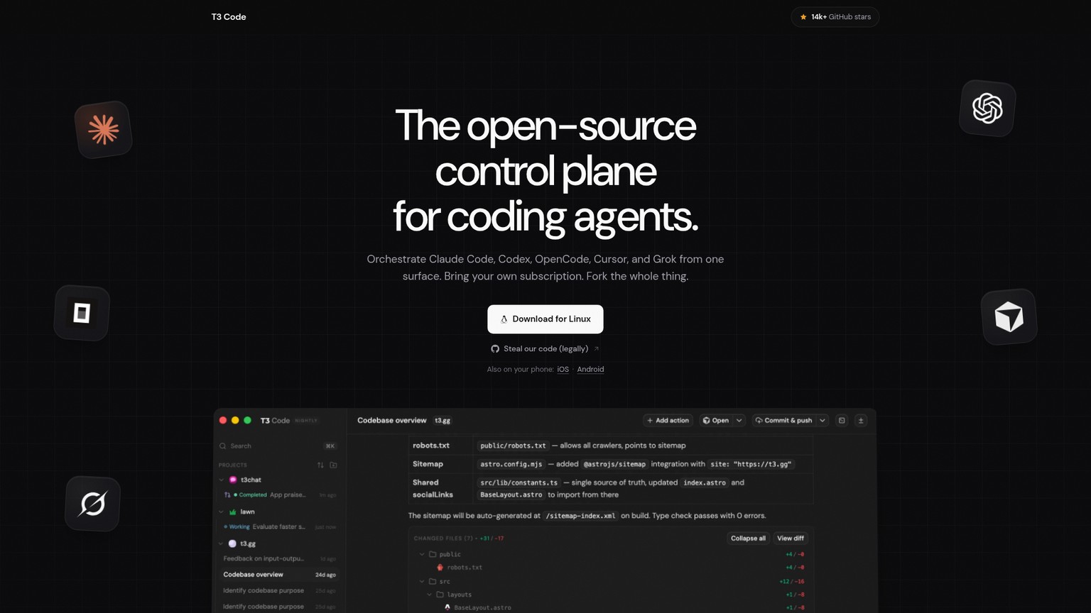 T3 Code homepage showing multiple coding agents in one control plane