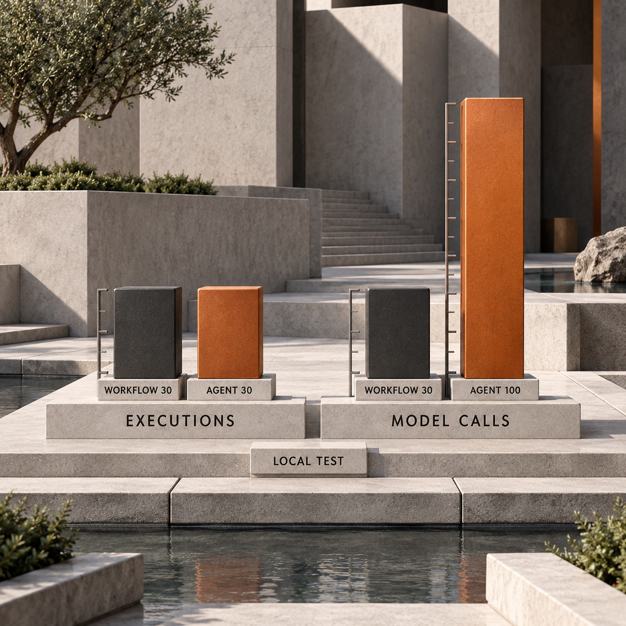 Paired columns comparing 30 executions for both designs and 30 versus 100 local model calls
