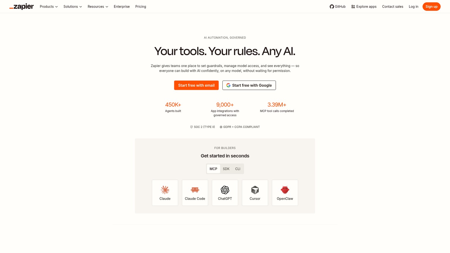 Homepage della piattaforma di automazione Zapier
