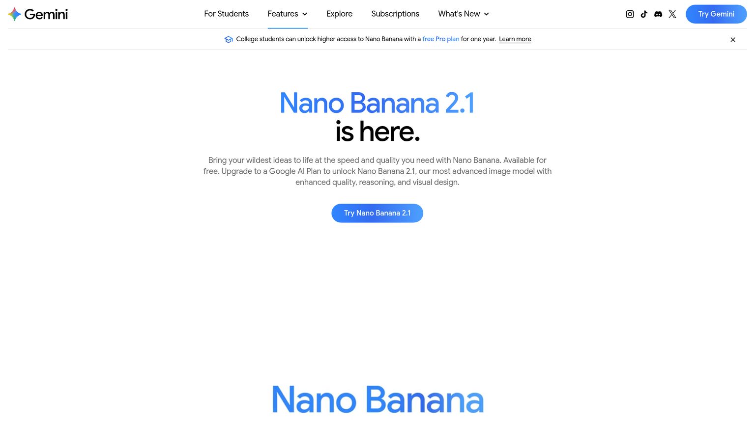 Nano Banana 2.1과 앱 이용 경로를 설명하는 Google Gemini 이미지 생성 페이지