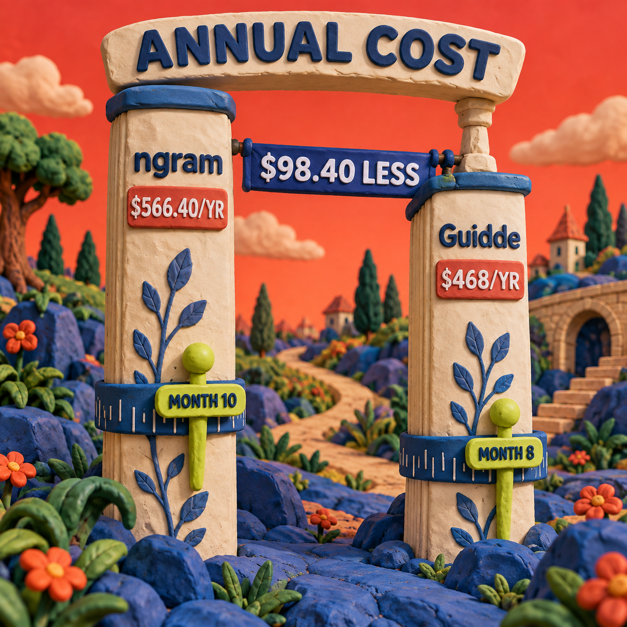 Column chart comparing ngram Premium and Guidde Business annual costs and billing break-even months