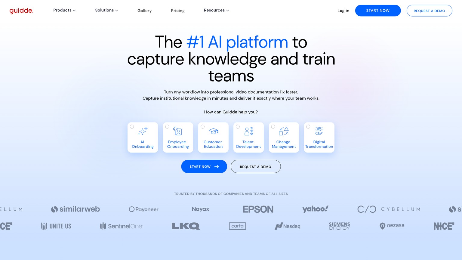 Guidde homepage showing workflow capture and AI-generated video documentation
