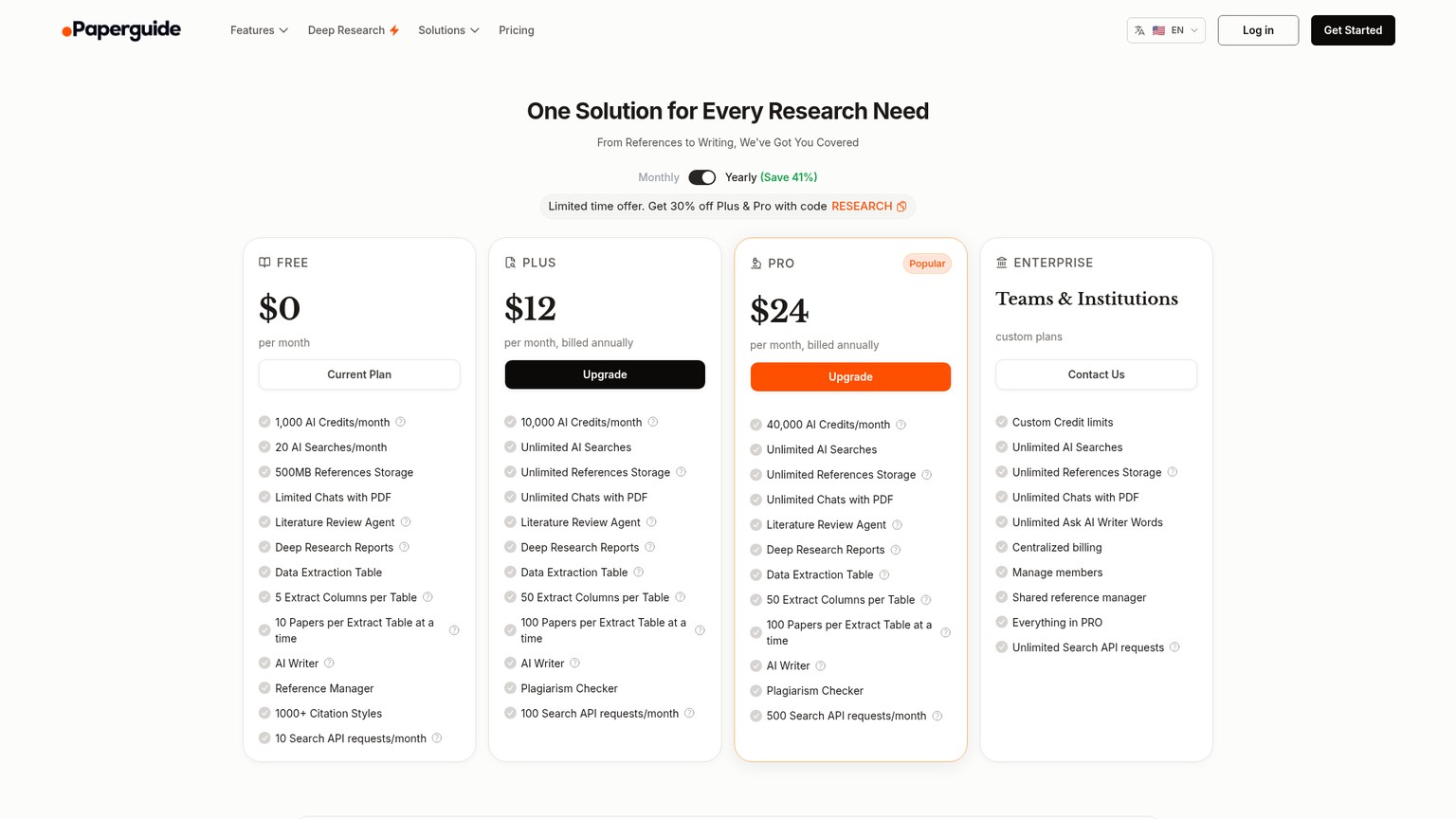 Paperguide pricing page