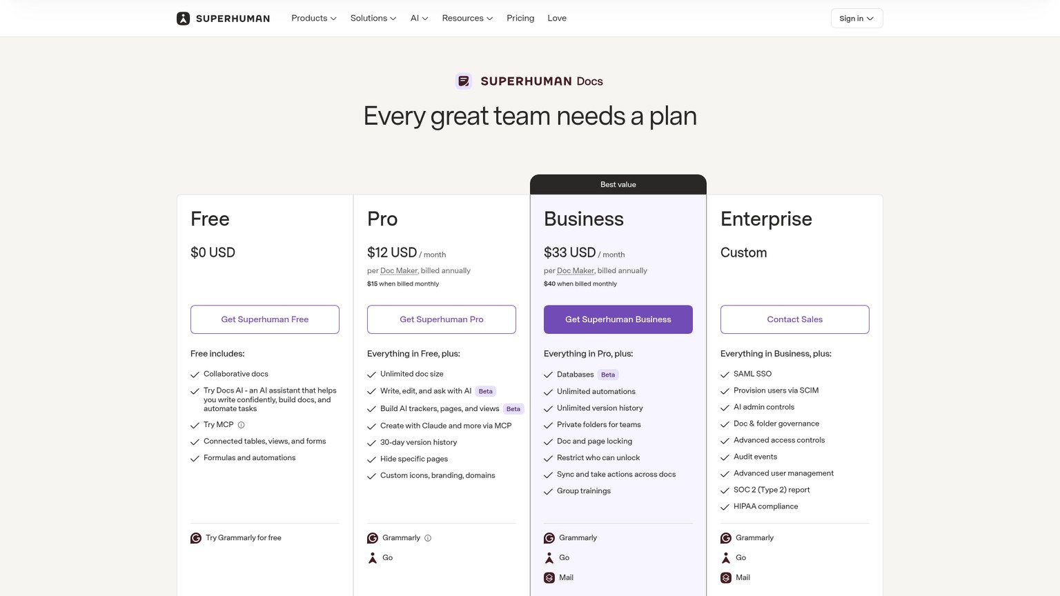 Pagina prezzi di Superhuman Docs che mostra i piani Doc Maker Free, Pro e Business