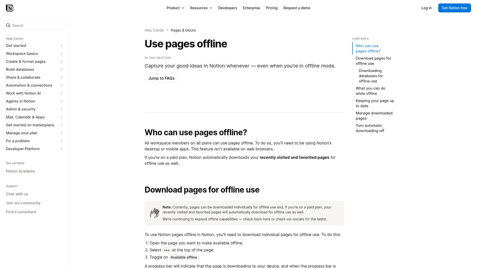 Page d'aide de Notion expliquant le téléchargement de pages hors-ligne et les limites de bases de données
