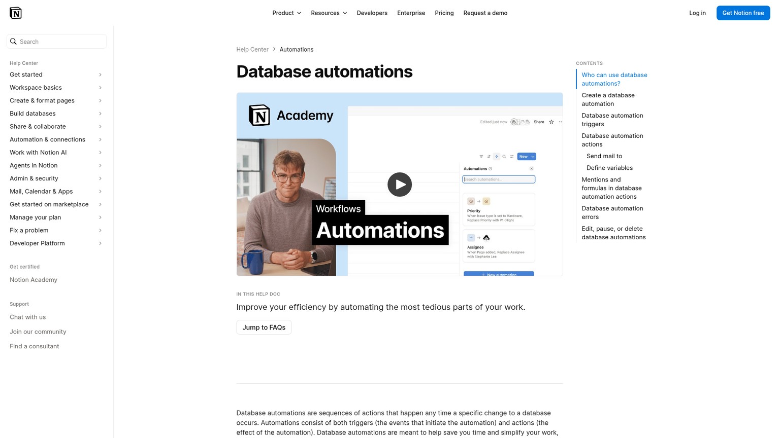 Page d'aide des automatisations de bases de données Notion montrant les déclencheurs et les actions
