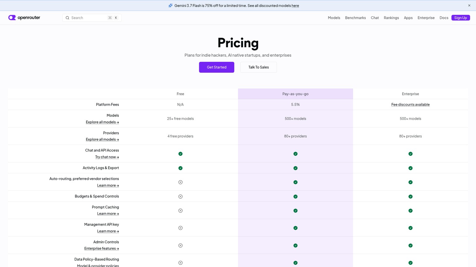 OpenRouter-Preisseite mit den Optionen Free, Pay-as-you-go und Enterprise