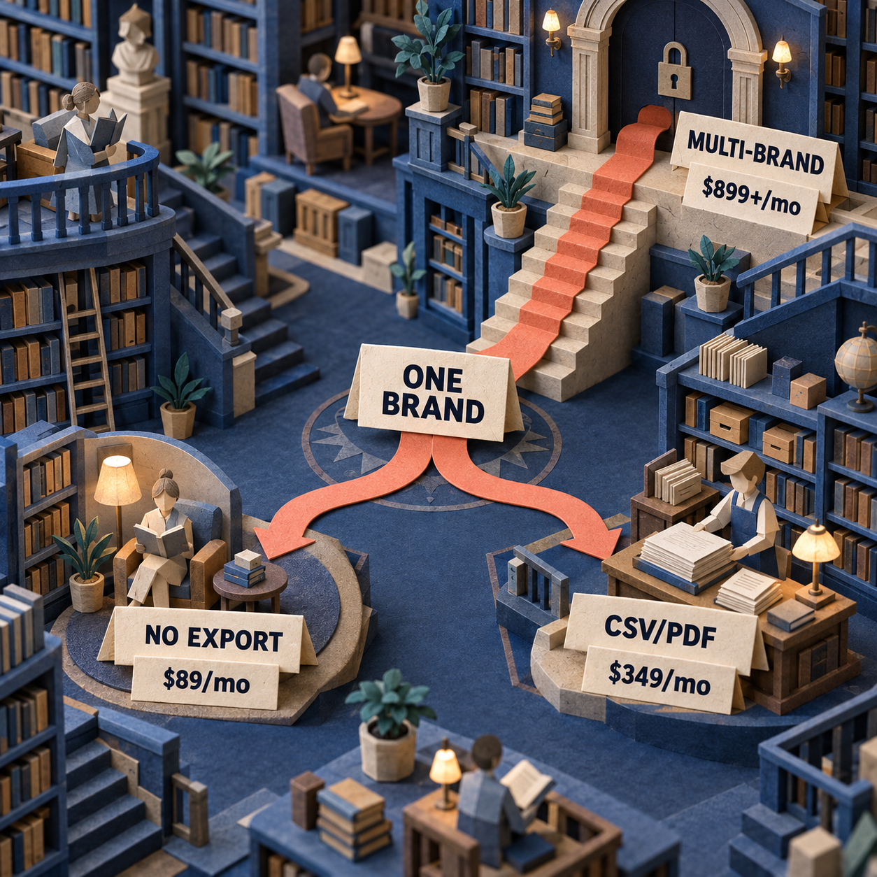 Paper-craft decision flow routing one-brand monitoring to OmniSEO tiers and multi-brand work to Enterprise