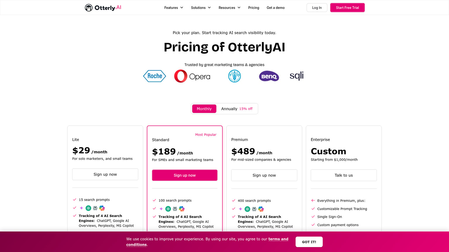 OtterlyAI pricing page showing agency workspace and reporting plans