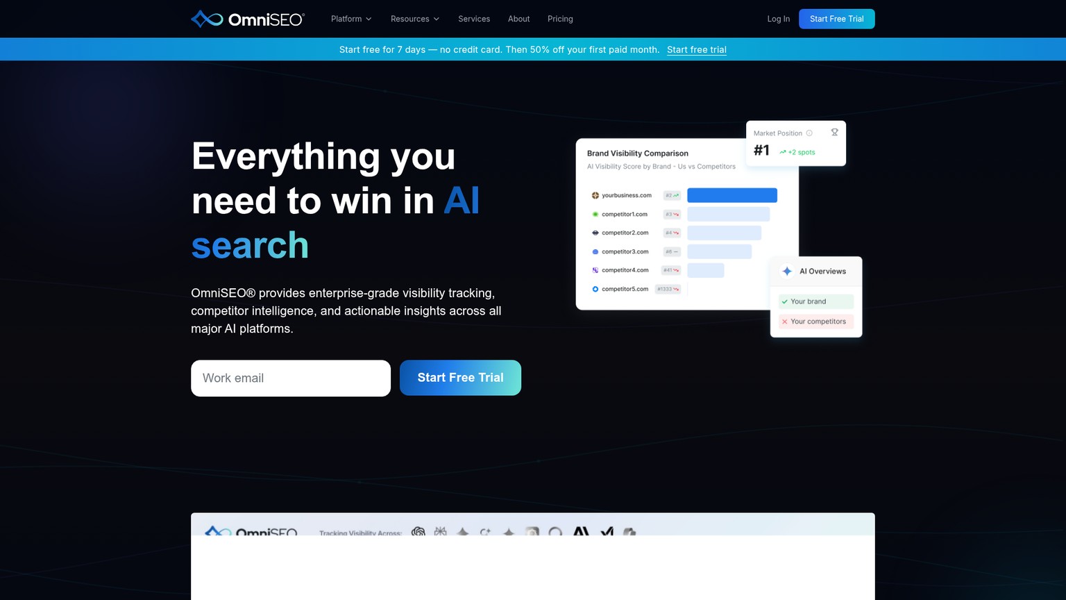 OmniSEO features page showing visibility, prompt, competitor, and citation capabilities