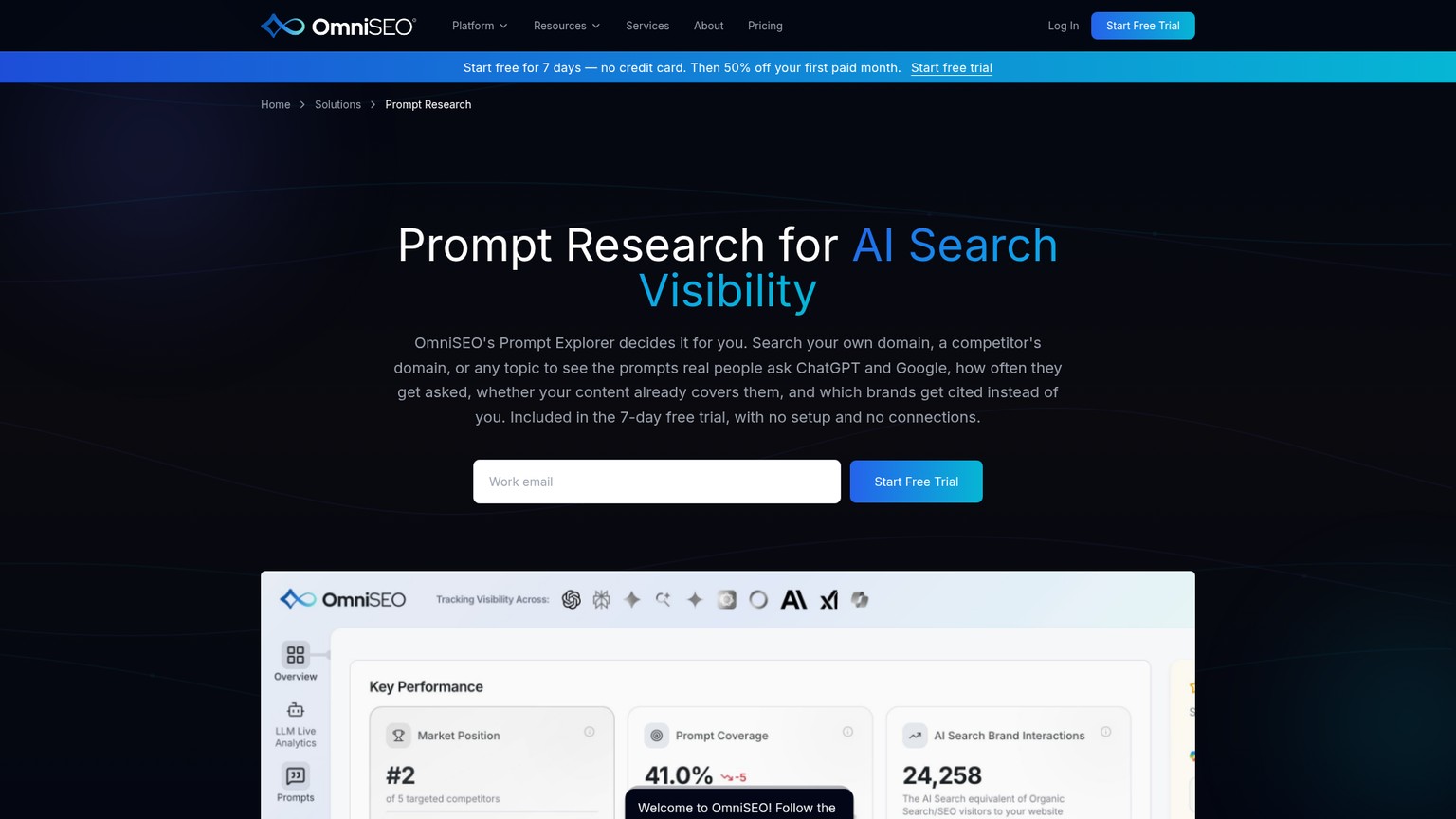 OmniSEO Prompt Explorer page showing domain research, prompt volume, and content gaps