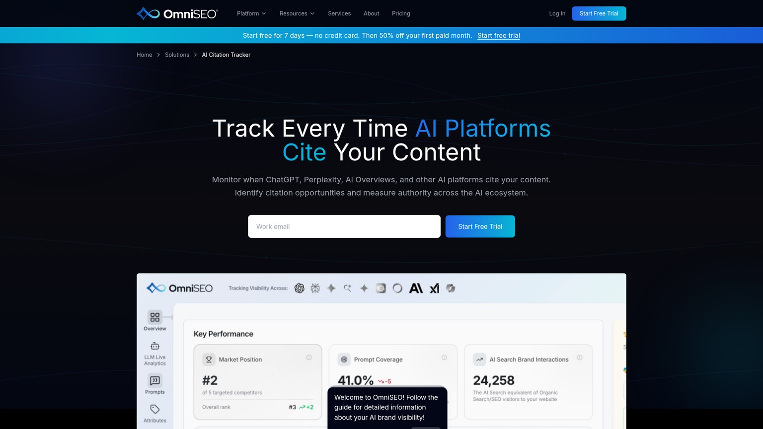 OmniSEO AI citation tracking page showing source and competitor analysis