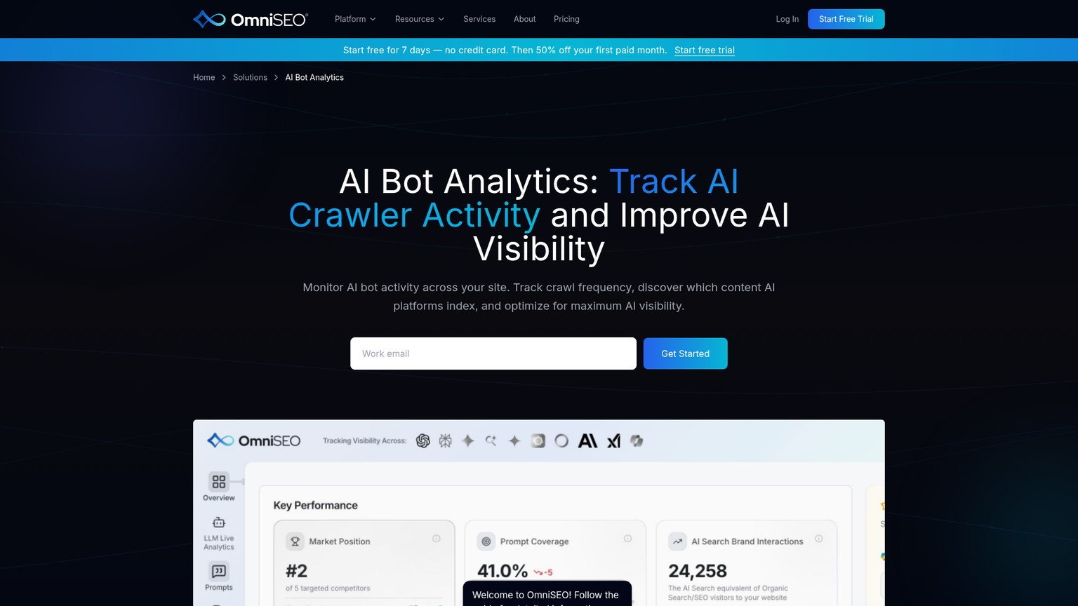 OmniSEO AI Bot Analytics page describing crawler monitoring and blocking detection
