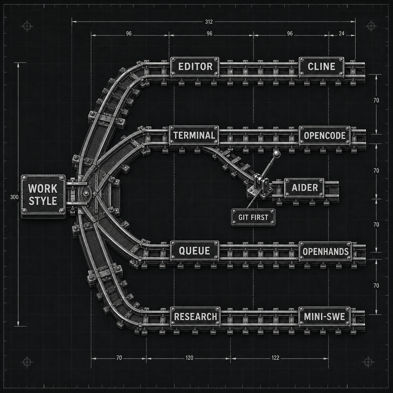 Arbre de décision orientant les workflows éditeur, terminal, file autonome et recherche vers différents agents de codage open source