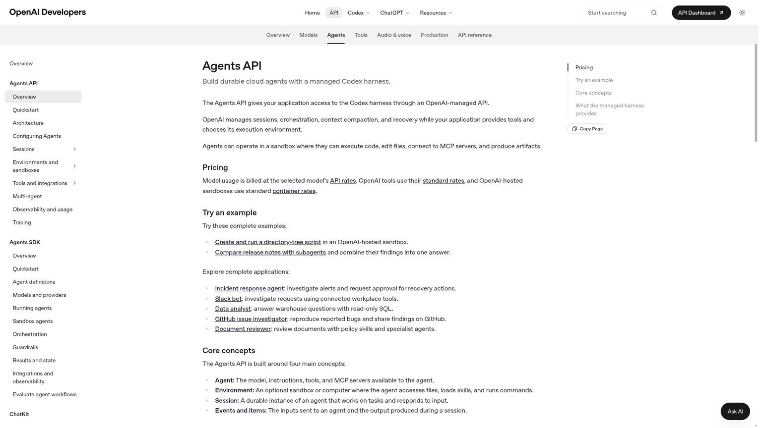 OpenAI Agents API overview showing managed sessions, orchestration, and environment options
