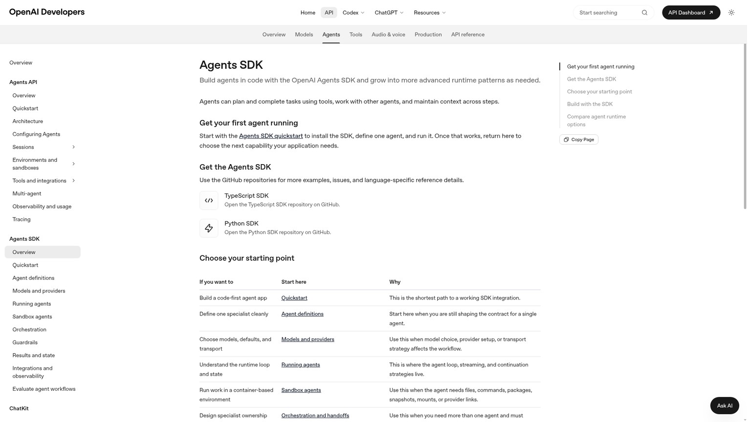 OpenAI Agents SDK guide showing TypeScript and Python runtime options