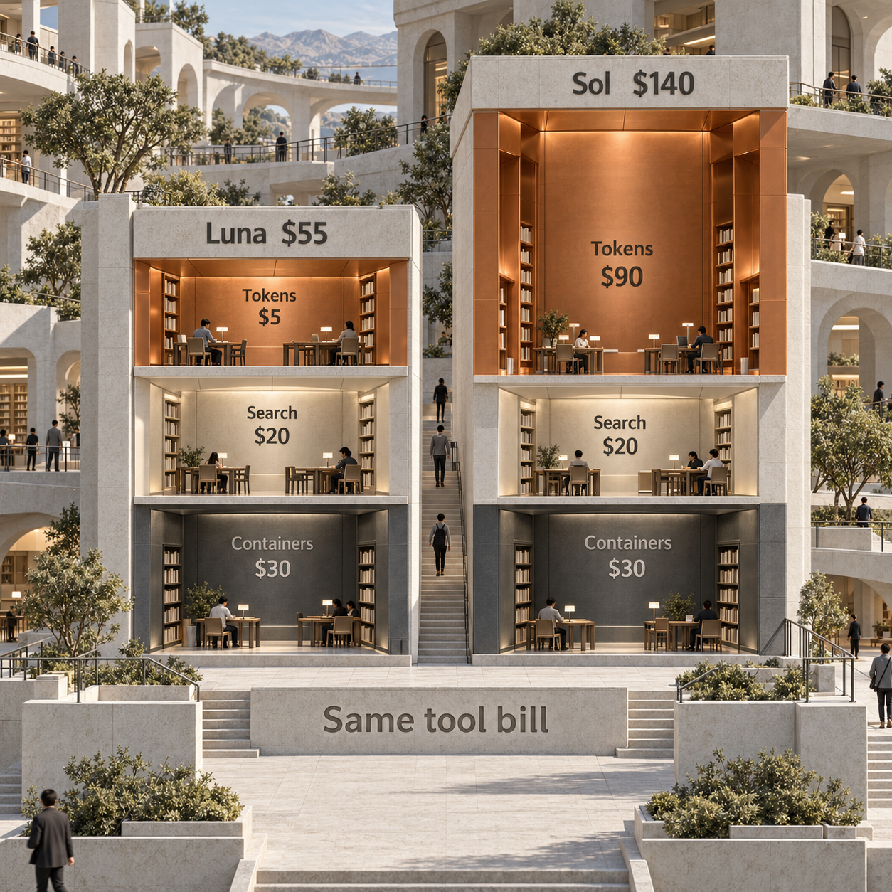 Two annotated architectural halls show Luna's $5 token bill and Sol's $90 token bill above equal $20 search and $30 container costs, totaling $55 and $140
