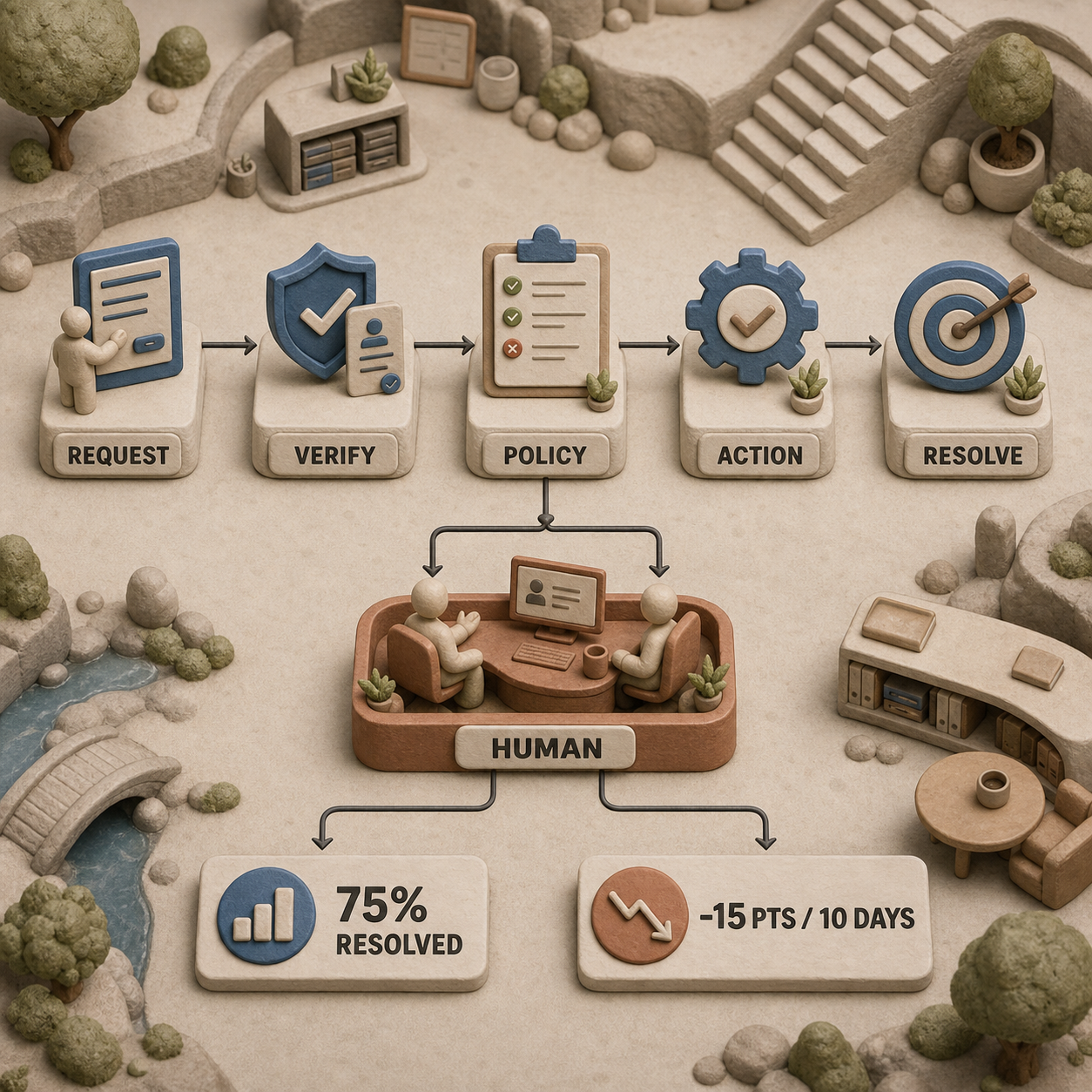 Operating flow from customer request through verification, policy, approved action, resolution, or human escalation
