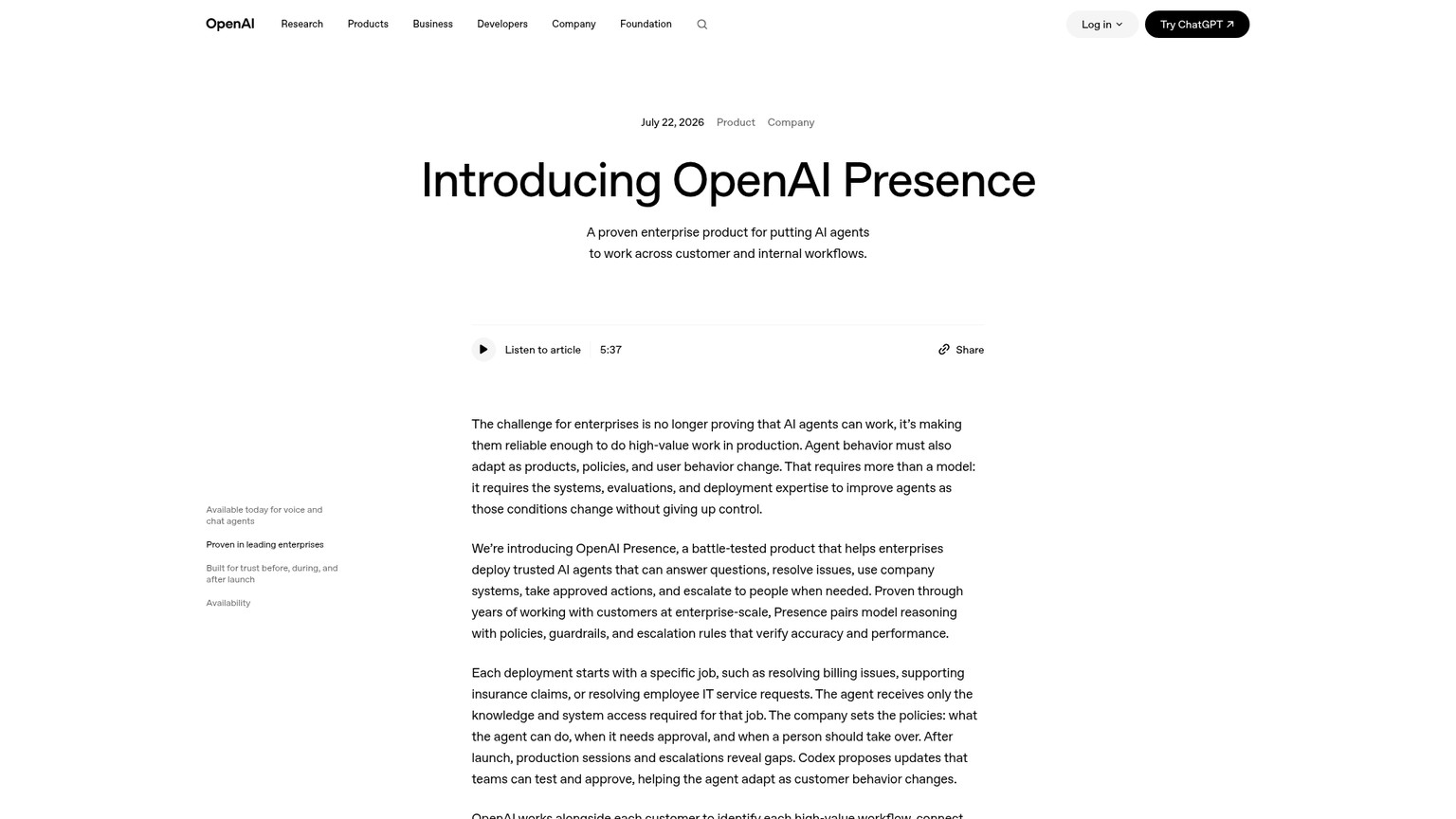 OpenAI Presence product announcement and production agent workflow