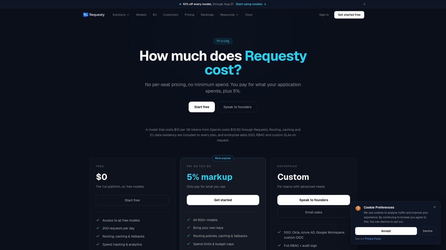 Requesty-Preisseite mit den Tarifen Free, Pay as you go und Enterprise