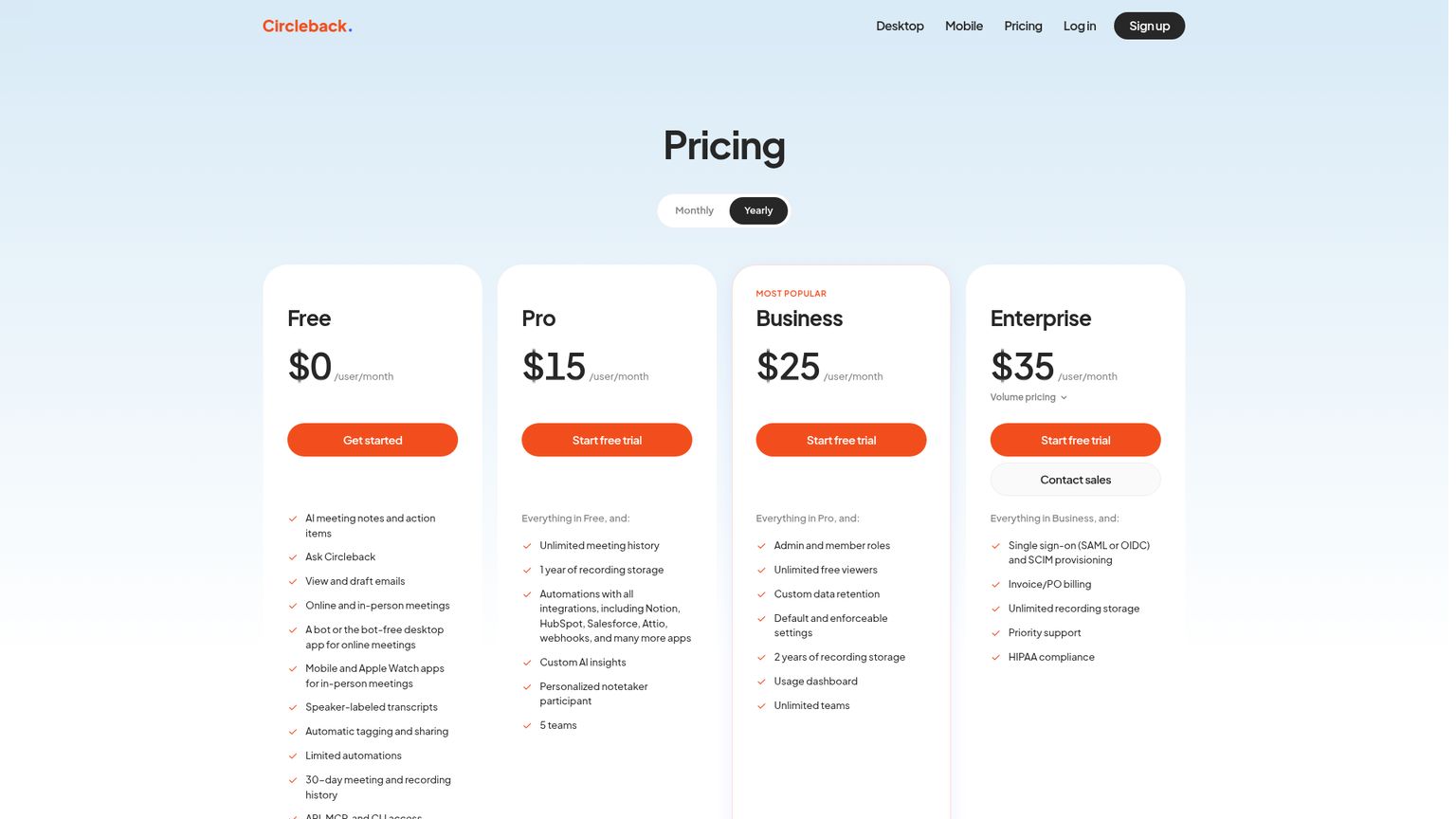 Free、Pro、Business、Enterpriseを掲載したCirclebackの料金ページ